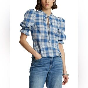 POLO RALPH LAUREN MADRAS PLAID RUFFLE-TRIM PEPLUM TOP